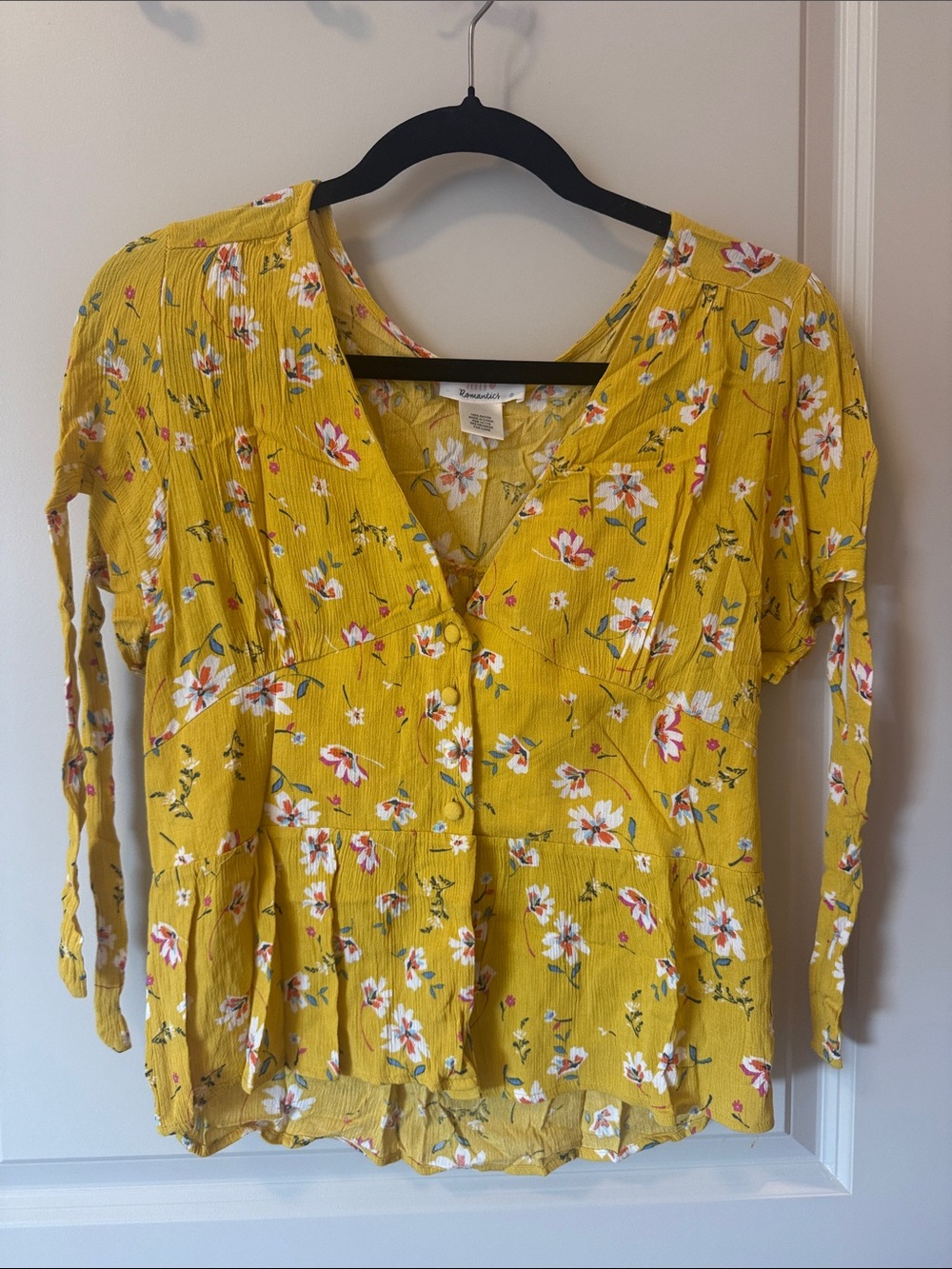 Floral V-Neck Button-Front Blouse in Mustard Yellow